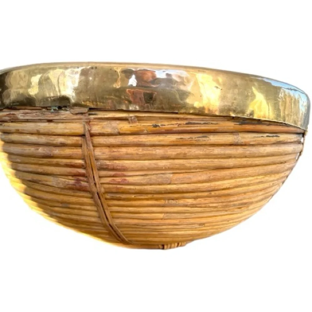 Vintage pencil reed basket with brass trim, handmade, could be polished